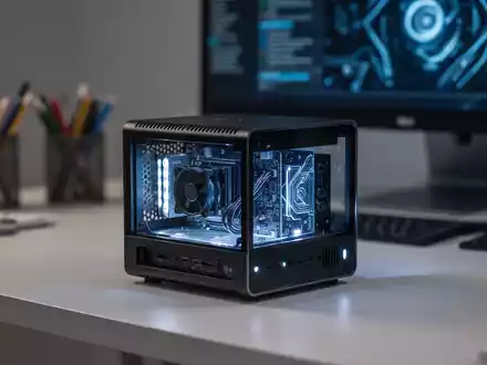 A sleek, modern mini-PC with glowing internal components on a desk, symbolizing compact computing power. - Foto: über boerse-global.de