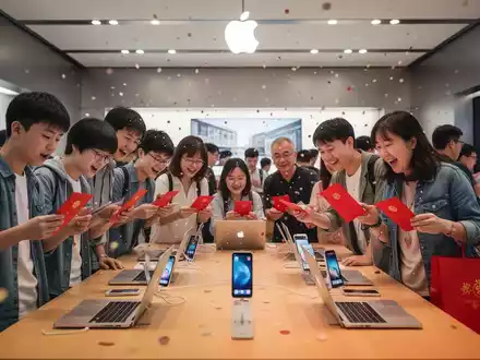 People in a busy Apple store in China, many holding new iPhones, MacBooks, and iPads, celebrating post-exam purchases. - Foto: über boerse-global.de