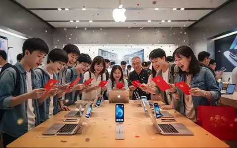 People in a busy Apple store in China, many holding new iPhones, MacBooks, and iPads, celebrating post-exam purchases. - Foto: über boerse-global.de