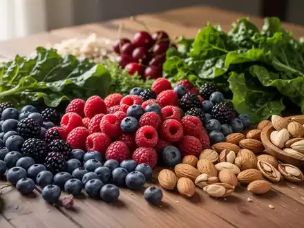 Nahaufnahme einer Auswahl farbenfroher, entzündungshemmender Lebensmittel wie Beeren, grünes Blattgemüse und Nüsse auf einem Holztisch. - Foto: über boerse-global.de
