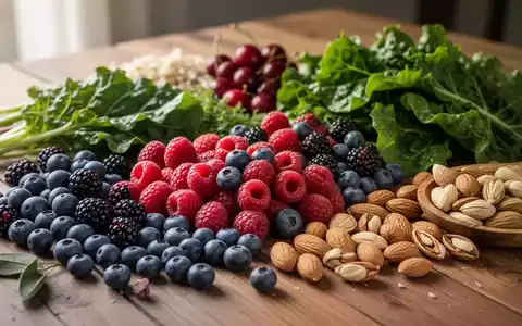 Nahaufnahme einer Auswahl farbenfroher, entzündungshemmender Lebensmittel wie Beeren, grünes Blattgemüse und Nüsse auf einem Holztisch. - Foto: über boerse-global.de
