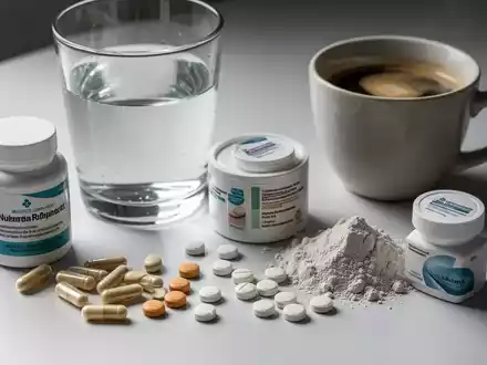 Nahaufnahme von Nahrungsergänzungsmitteln, einem Glas Wasser und einer Kaffeetasse auf einer Oberfläche. - Foto: über boerse-global.de