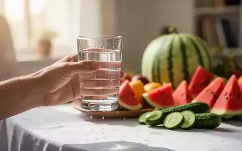 Eine Hand hält ein Glas Wasser, im Hintergrund verschwommenes Obst wie Wassermelone und Gurke auf einem Tisch in einem hellen Raum. - Foto: über boerse-global.de