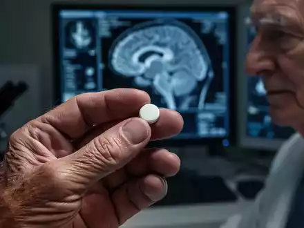 Eine Nahaufnahme der Hand einer älteren Person, die eine weiße Pille hält, mit einem unscharfen medizinischen Hintergrund. - Foto: über boerse-global.de
