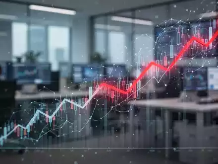 A downward-trending stock market graph overlaid with subtle AI network imagery, set against a blurred tech office background. - Foto: über boerse-global.de