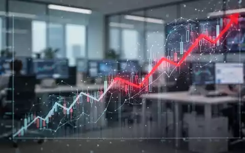 A downward-trending stock market graph overlaid with subtle AI network imagery, set against a blurred tech office background. - Foto: über boerse-global.de