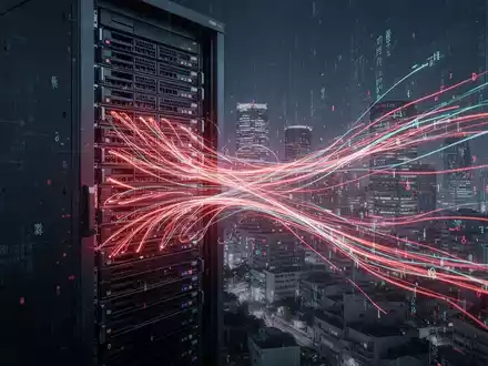 Digital illustration of data flowing out of a server, with a blurred Japanese city in the background, symbolizing a telecommunications data breach. - Foto: über boerse-global.de