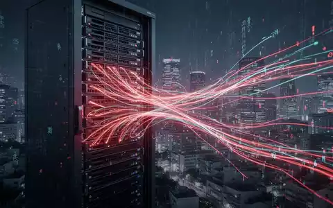 Digital illustration of data flowing out of a server, with a blurred Japanese city in the background, symbolizing a telecommunications data breach. - Foto: über boerse-global.de