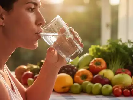 Eine Person trinkt ein Glas Wasser, im Hintergrund sind frische Früchte und Gemüse in warmem, sommerlichem Licht zu sehen. - Foto: über boerse-global.de