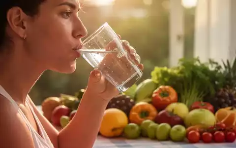 Eine Person trinkt ein Glas Wasser, im Hintergrund sind frische Früchte und Gemüse in warmem, sommerlichem Licht zu sehen. - Foto: über boerse-global.de
