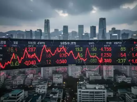 Ein Börsenticker mit roten, fallenden Zahlen vor der verschwommenen Skyline von Seoul unter einem bewölkten Himmel. - Foto: über boerse-global.de