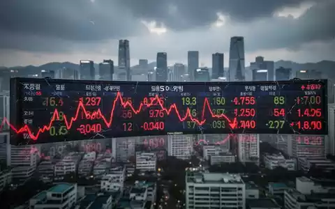 Ein Börsenticker mit roten, fallenden Zahlen vor der verschwommenen Skyline von Seoul unter einem bewölkten Himmel. - Foto: über boerse-global.de