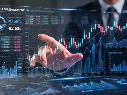 A digital interface showing financial data and AI insights, with a hand interacting with a holographic projection of stock charts. - Foto: über boerse-global.de