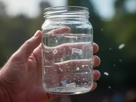 Nahaufnahme einer Hand, die ein Glas mit Mikroplastikpartikeln in Wasser hält, mit unscharfem natürlichem Hintergrund. - Foto: über boerse-global.de