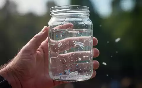 Nahaufnahme einer Hand, die ein Glas mit Mikroplastikpartikeln in Wasser hält, mit unscharfem natürlichem Hintergrund. - Foto: über boerse-global.de