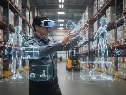 Eine Person mit VR/AR-Headset, die in einer virtuellen Umgebung ergonomische Hebetechniken trainiert, mit digitalen Overlays. - Foto: über boerse-global.de