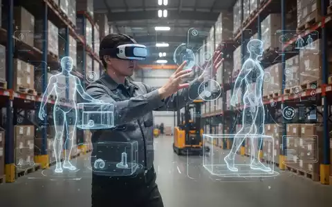 Eine Person mit VR/AR-Headset, die in einer virtuellen Umgebung ergonomische Hebetechniken trainiert, mit digitalen Overlays. - Foto: über boerse-global.de