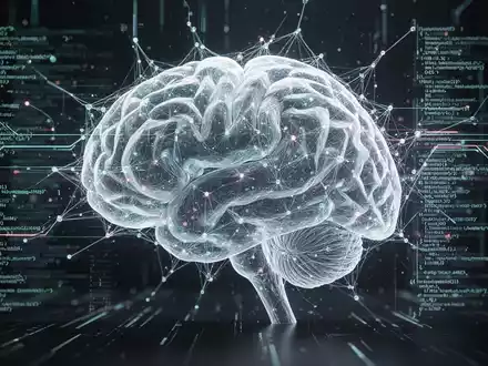 A glowing, transparent 3D neural network brain with digital data streams and code, symbolizing AI transparency and data. - Foto: über boerse-global.de