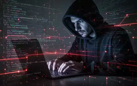 Eine Person im Hoodie tippt auf einem Laptop, das Gesicht vom Bildschirmlicht beleuchtet. Abstrakter Code symbolisiert KI-Phishing. - Foto: über boerse-global.de