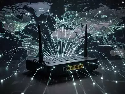 A glowing network of digital lines and nodes converging on an outdated router, symbolizing a botnet and cyberattacks. - Foto: über boerse-global.de