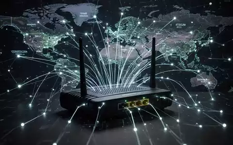 A glowing network of digital lines and nodes converging on an outdated router, symbolizing a botnet and cyberattacks. - Foto: über boerse-global.de