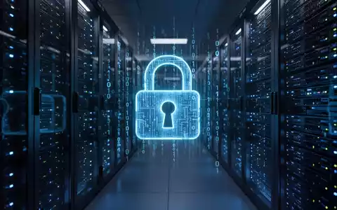 Secure server racks with glowing blue lights in a dark data center, overlaid with a digital lock icon and binary code, symbolizing a data breach. - Foto: über boerse-global.de