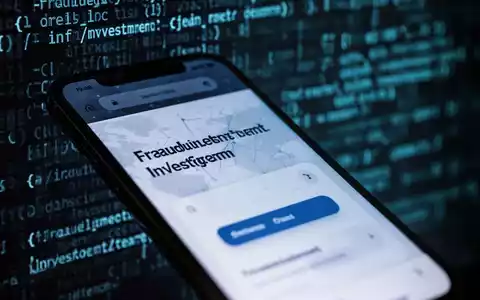 Nahaufnahme eines Smartphones mit einer betrügerischen Investmentplattform auf dem Bildschirm und verschwommenem, abstraktem Code im Hintergrund. - Foto: über boerse-global.de