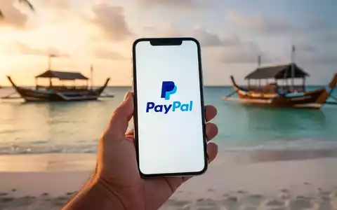 A hand holding a smartphone showing the PayPal logo, with a blurred background of a Maldivian beach and boats. - Foto: über boerse-global.de