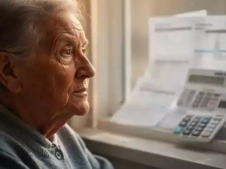 Eine nachdenkliche ältere Person in einem Pflegeheim, die aus dem Fenster schaut, mit angedeuteten Finanzdokumenten im Hintergrund. - Foto: über boerse-global.de