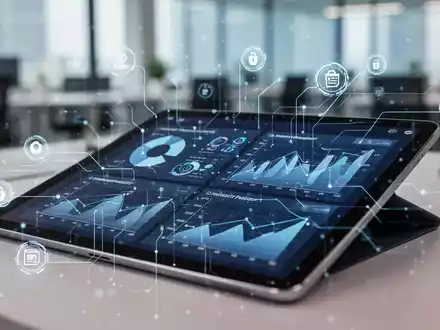 Ein modernes digitales Tablet zeigt komplexe Datenvisualisierungen und Diagramme mit abstrakten digitalen Produktpass-Symbolen. - Foto: über boerse-global.de