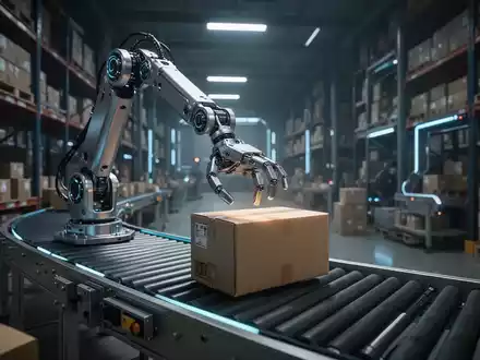A close-up shot of a humanoid robot arm with glowing joints, carefully placing a package onto a moving conveyor belt in a modern warehouse. - Foto: über boerse-global.de