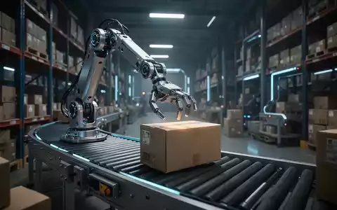 A close-up shot of a humanoid robot arm with glowing joints, carefully placing a package onto a moving conveyor belt in a modern warehouse. - Foto: über boerse-global.de