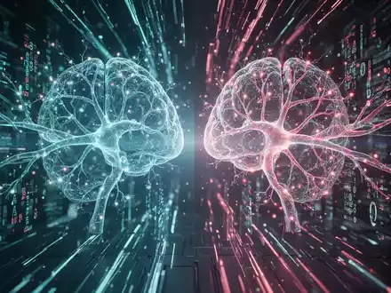 Abstrakte Darstellung von KI-Technologie mit leuchtenden neuronalen Netzen und Datenströmen, die eine duale Offensive symbolisieren. - Foto: über boerse-global.de
