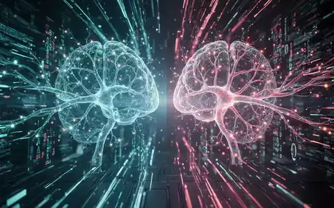 Abstrakte Darstellung von KI-Technologie mit leuchtenden neuronalen Netzen und Datenströmen, die eine duale Offensive symbolisieren. - Foto: über boerse-global.de