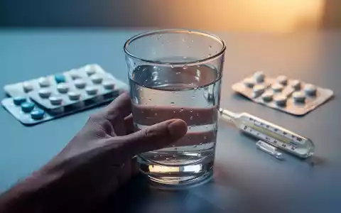 Eine Hand hält ein Glas Wasser; im Hintergrund sind verschwommene Medikamentenblister und ein Thermometer zu sehen. - Foto: über boerse-global.de