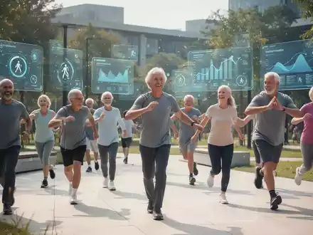 Eine vielfältige Gruppe von Menschen treibt Sport in einem Park, im Hintergrund digitale Gesundheitsdaten. - Foto: über boerse-global.de