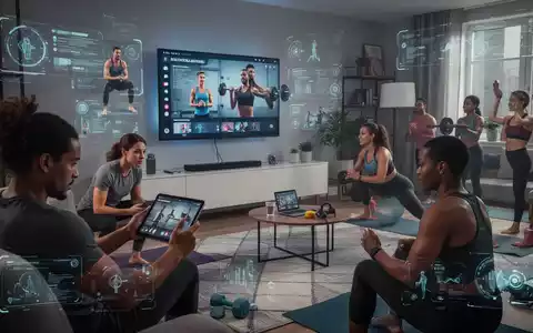 Menschen trainieren zu Hause mit Tablets und Smart-TVs, die digitale Fitness-Anwendungen zeigen, was Online-Fitness-Trends und Motivation symbolisiert. - Foto: über boerse-global.de