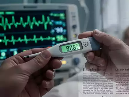 Eine Hand hält ein digitales Thermometer, das eine hohe Temperatur anzeigt, mit einem verschwommenen Herzfrequenzmonitor im Hintergrund. - Foto: über boerse-global.de