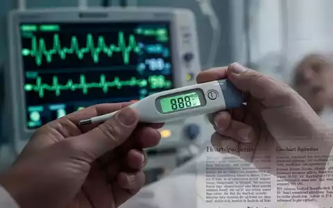 Eine Hand hält ein digitales Thermometer, das eine hohe Temperatur anzeigt, mit einem verschwommenen Herzfrequenzmonitor im Hintergrund. - Foto: über boerse-global.de