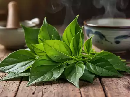 Frische grüne Giang-Pflanzenblätter auf einem Holztisch, im Hintergrund traditionelle vietnamesische Kochutensilien und leichter Dampf. - Foto: über boerse-global.de