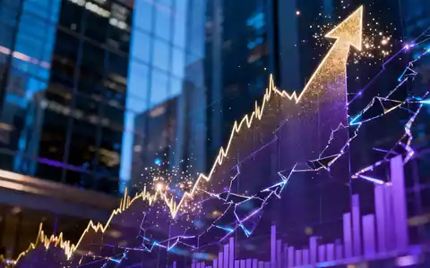 Ein stilisierter Graph mit einem starken Rückgang nach einem Anstieg, umgeben von abstrakten digitalen Elementen und einem Finanzviertel. - Foto: über boerse-global.de