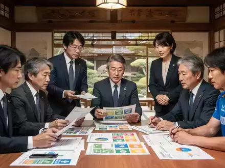 Eine Gruppe japanischer Fachleute aus Wirtschaft, Sport und lokaler Regierung diskutiert Nachhaltigkeitsziele an einem Tisch. - Foto: über boerse-global.de