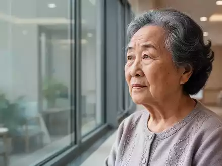 Eine ältere Chinesin blickt nachdenklich aus einem Fenster in einer modernen Pflegeeinrichtung, beleuchtet von sanftem, natürlichem Licht. - Foto: über boerse-global.de