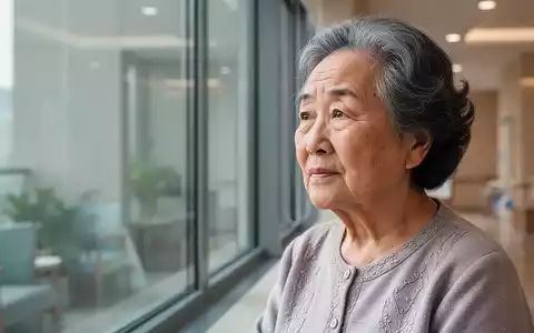 Eine ältere Chinesin blickt nachdenklich aus einem Fenster in einer modernen Pflegeeinrichtung, beleuchtet von sanftem, natürlichem Licht. - Foto: über boerse-global.de