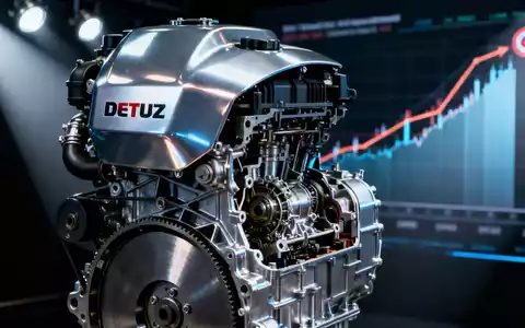 Nahaufnahme eines modernen Deutz-Motors mit unscharfen Finanzdiagrammen im Hintergrund, die Wachstum und Ziele symbolisieren. - Foto: über boerse-global.de
