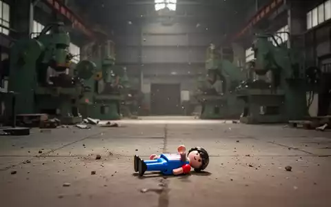Eine leere Fabrikhalle mit stillstehenden Maschinen, im Vordergrund eine kleine, unscharfe Playmobil-Figur auf dem Boden liegend. - Foto: über boerse-global.de