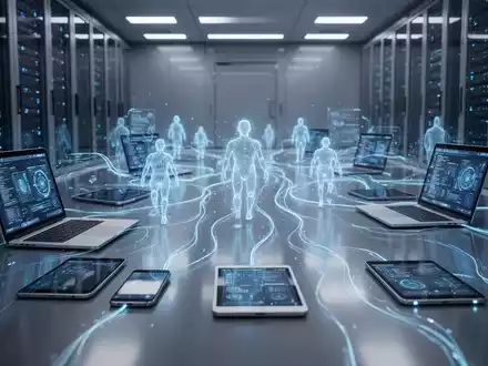 Ein futuristischer Serverraum mit blau leuchtenden Datenströmen, die digitale Geräte verbinden. Ethereale KI-Lichtformen bewegen sich zwischen den Geräten. - Foto: über boerse-global.de