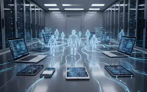 Ein futuristischer Serverraum mit blau leuchtenden Datenströmen, die digitale Geräte verbinden. Ethereale KI-Lichtformen bewegen sich zwischen den Geräten. - Foto: über boerse-global.de