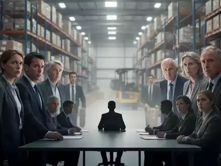 Ein Logistikzentrum mit besorgten Mitarbeitern im Vordergrund und einer Verhandlungsszene im Hintergrund, die Konflikt darstellt. - Foto: über boerse-global.de