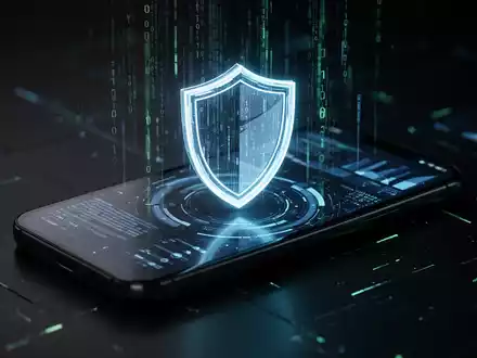 Ein stilisiertes, leuchtendes Schildsymbol auf einem Smartphone-Bildschirm, der Datenströme und Binärcode anzeigt, symbolisiert Datenschutz. - Foto: über boerse-global.de